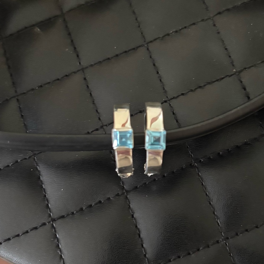 Sterling Silver Squared-off Open Hoop Earring with Blue Topez stone accent